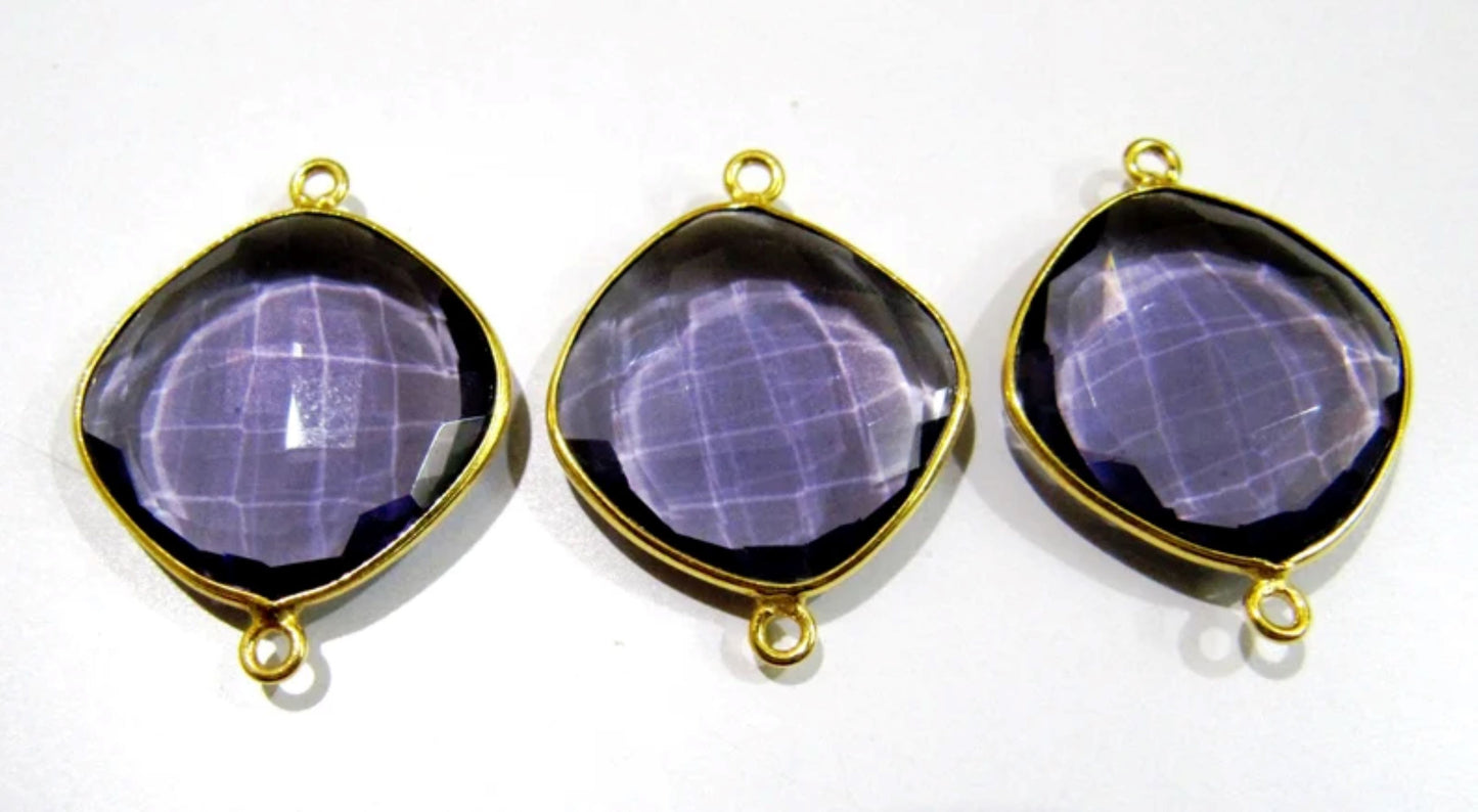 6 Pcs Set Amethyst Cushion Shape 13 to 19mm Briolette Connectors Hydro Quartz Plated Double Loop Bezel