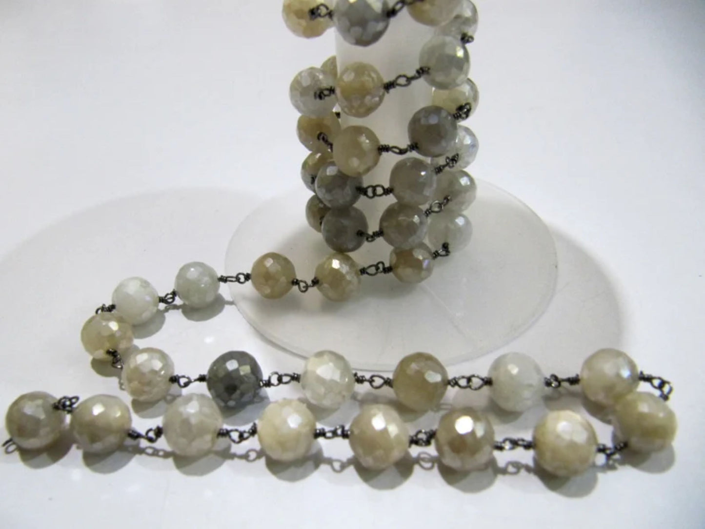 Natural Multi Moonstone Silverite AB Coated Round Briolette Faceted 6 to 9mm Beaded Rosary Chain