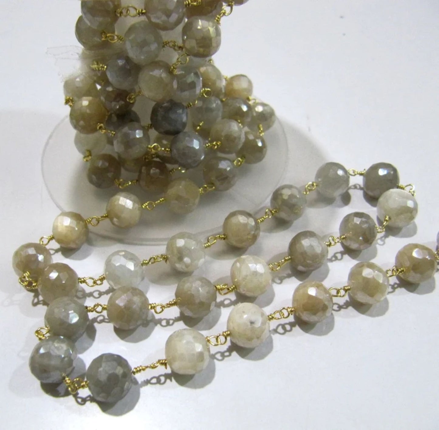 Natural Multi Moonstone Silverite AB Coated Round Briolette Faceted 6 to 9mm Beaded Rosary Chain
