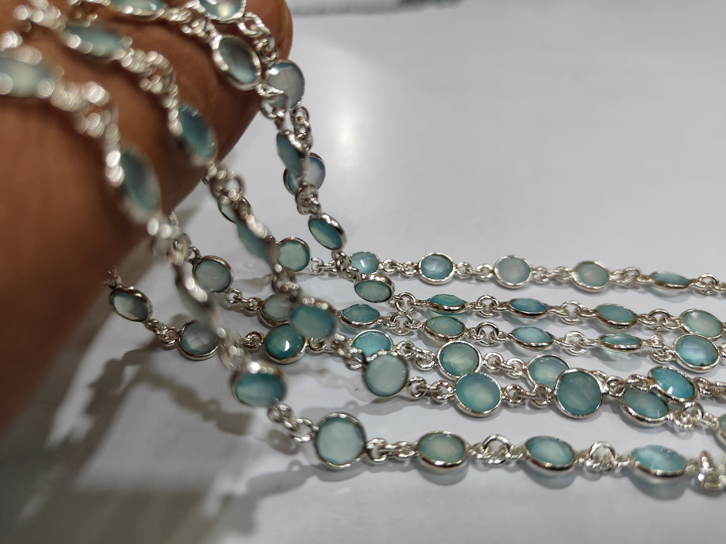 Natural Blue Aqua Chalcedony Briolette Coin Shape 6mm Bezel Connector Chain Sold Per Foot