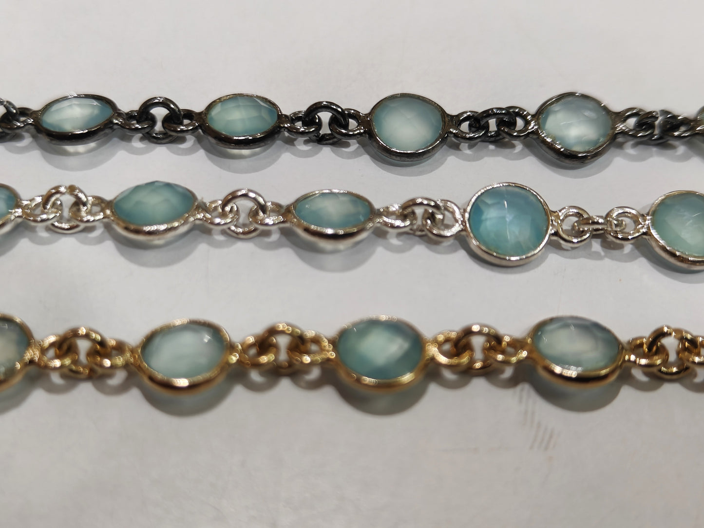 Natural Blue Aqua Chalcedony Briolette Coin Shape 6mm Bezel Connector Chain Sold Per Foot