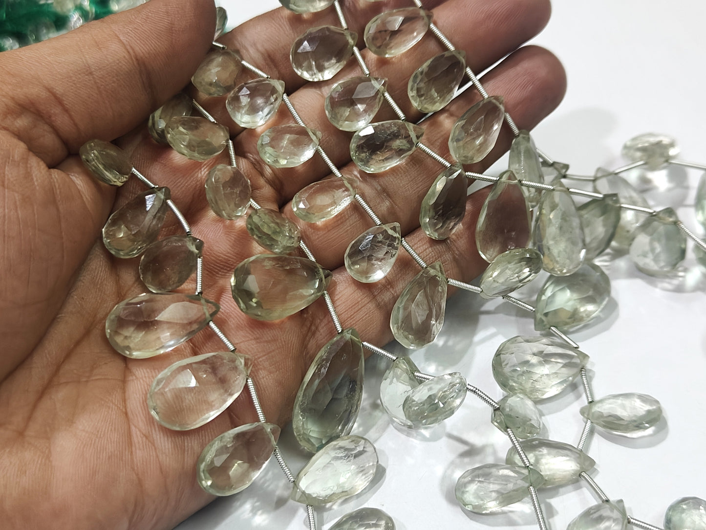 Natural Green Amethyst Pear Shape Faceted 8x12mm To 13x21mm Briolette Graduated Beads Strand 8 inches