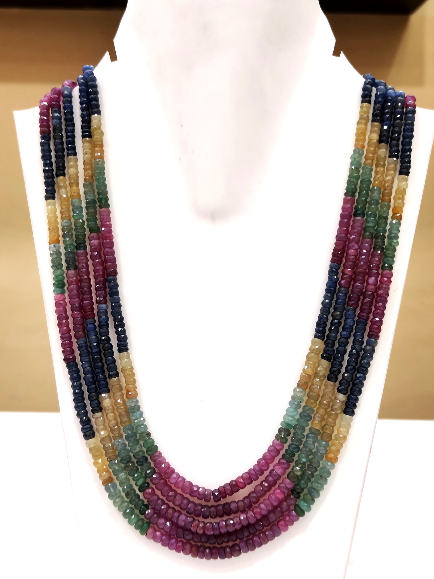 Natural Multi Sapphire Ruby Emerald Rondelle Faceted Size 4mm Beaded 5 layered Necklace