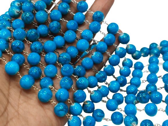 Turquoise Plain Smooth Round Shape 10 mm Rosary Chain Sold Per Foot
