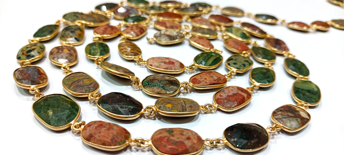 Natural Jasper Briolette Faceted Connector Bezel Chain Uneven Free Shape 12 to 15 mm