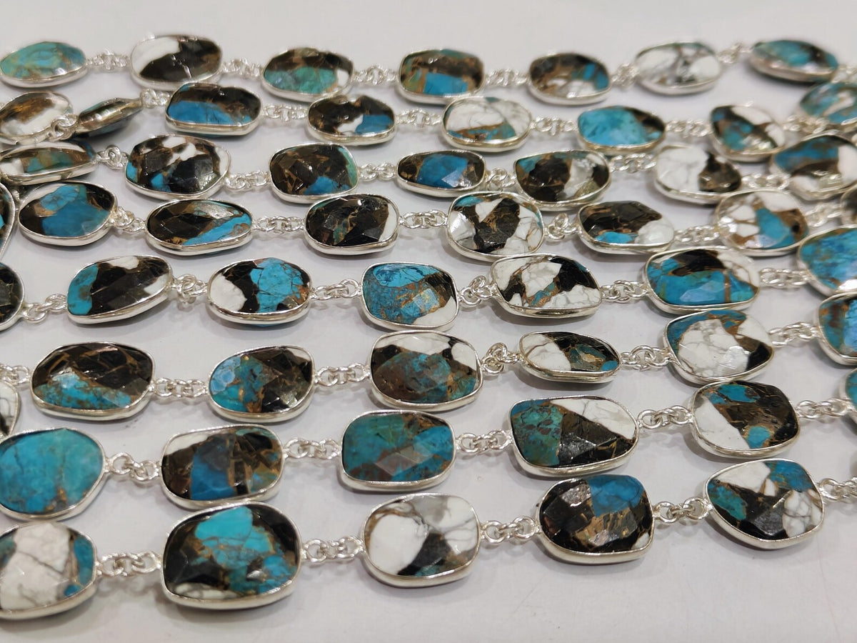 Natural Blue White Buffalo Copper Turquoise Briolette Free Shape 10to15mm Bezel Connector Chain Sold per Foot
