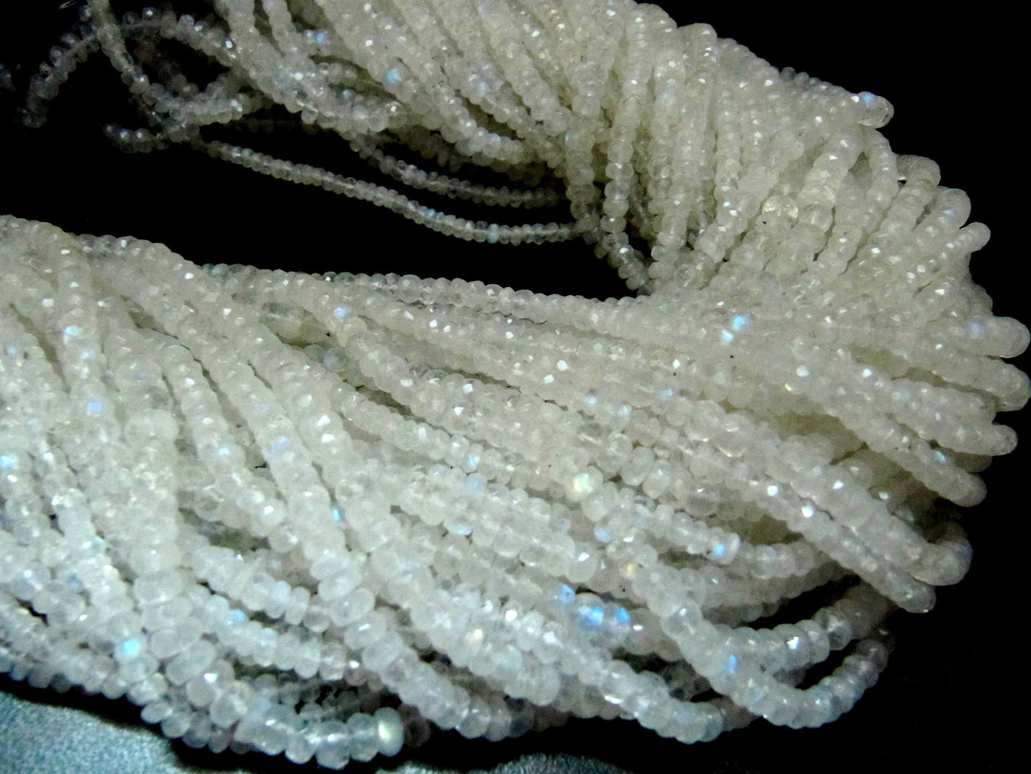 Natural White Rainbow Moonstone Rondelle Faceted Beads 3 to 6mm Strand 13 inches long Best Quality Blue Flashy Beads Wholesale Prices