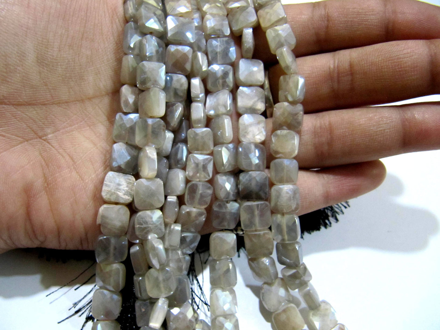 Natural Grey Moonstone Silver Mystic Coated Cushion Shape Faceted Briolette 7-8mm Beads sold per Strand 8inch long High Quality Beads