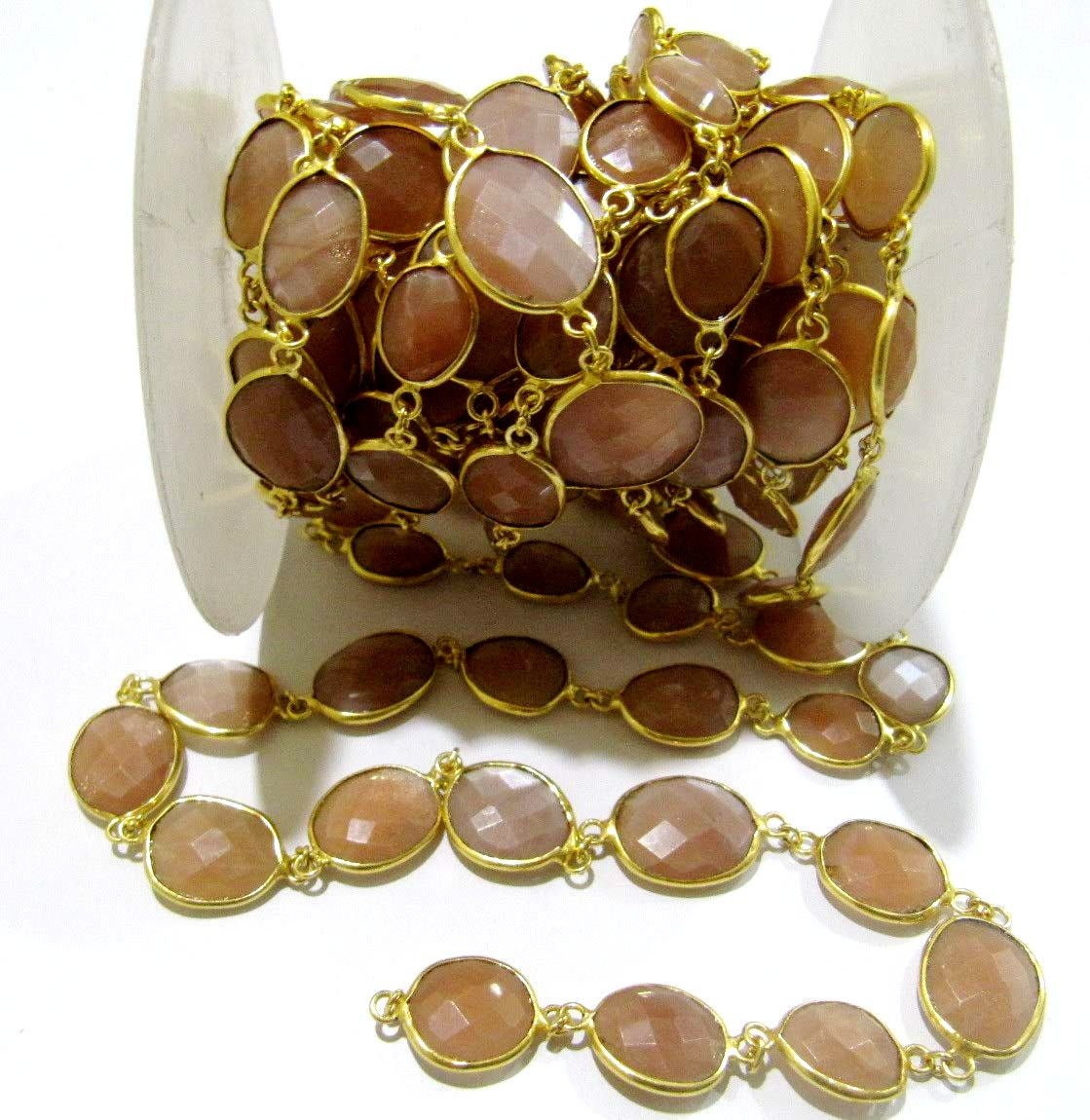 Natural Peach Moonstone Uneven Shape Briolette Connector Chain Size 12x15mm Gold Plated Sold Per Foot High Quality Beads Wholesale prices