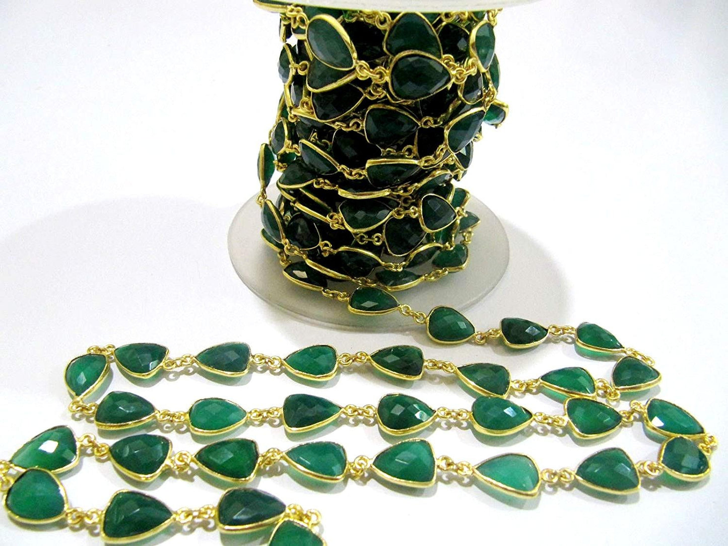 Natural Green Onyx Trillion Shape Briolette Faceted Bezel Connector Chain 10x13mm Gold Plated Sold Per Foot High QualityWholesale Price
