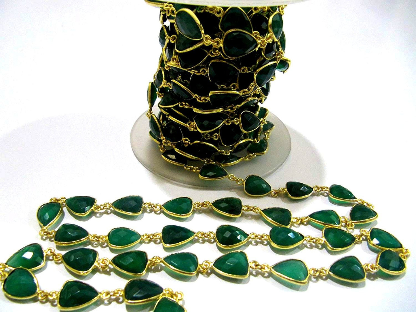 Natural Green Onyx Trillion Shape Briolette Faceted Bezel Connector Chain 10x13mm Gold Plated Sold Per Foot High QualityWholesale Price