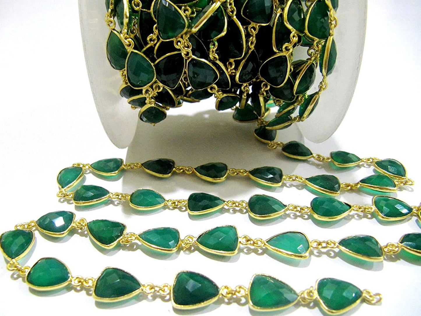 Natural Green Onyx Trillion Shape Briolette Faceted Bezel Connector Chain 10x13mm Gold Plated Sold Per Foot High QualityWholesale Price