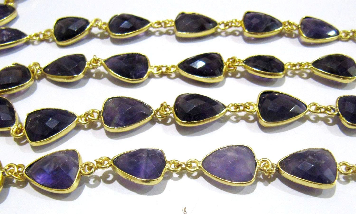 Natural Amethyst Trillion Shape Briolette Faceted Bezel Connector Chain 10x13mm Gold Plated Sold Per Foot High Quality Wholesale Prices