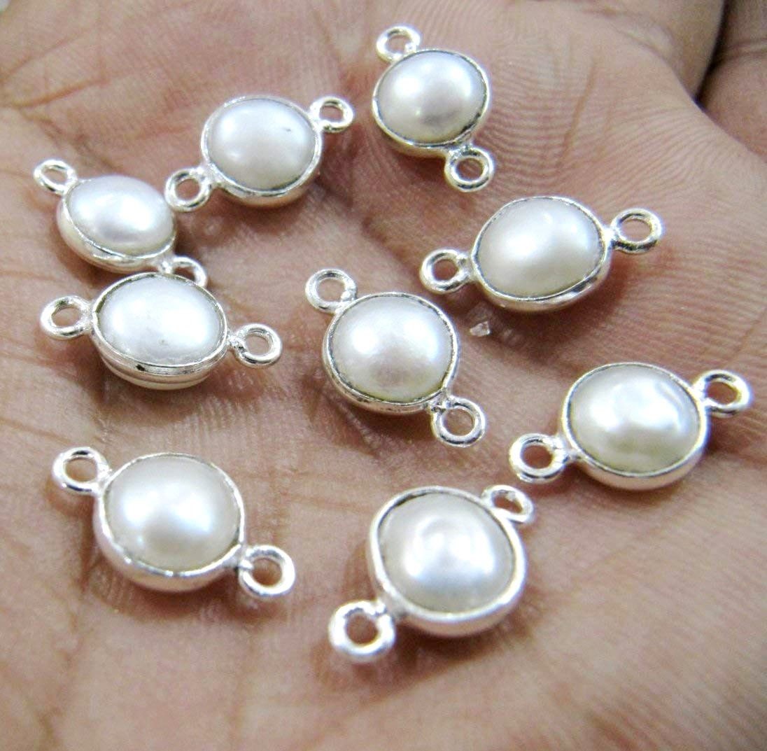 5 Pcs Set- Natural Pearl Coin Shape 8 mm Connectors , Silver Plated Double Loop Bezel ,Pearl Jewelry Round Shape Cabochon