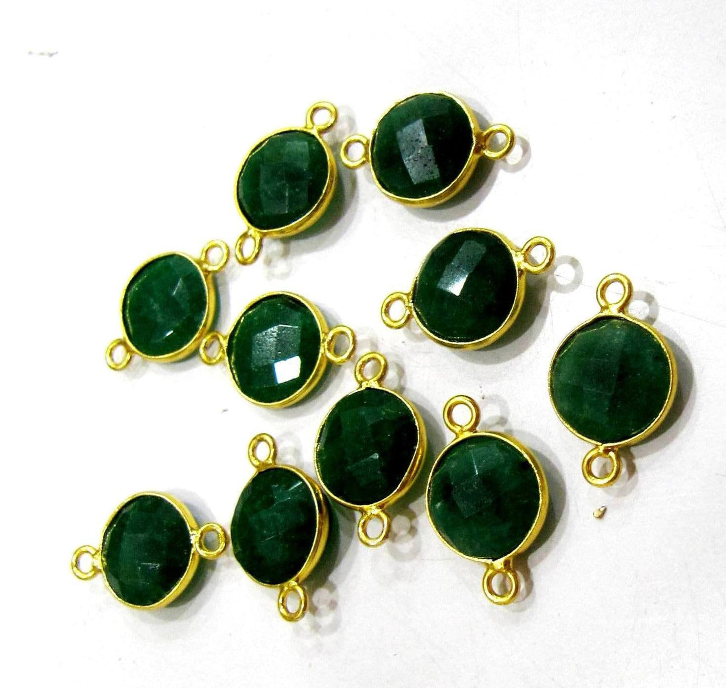 Set of 2 -Dyed Emerald Coin Shape Briolette Connectors , Gold Plated Double Loop Bezel , Emerald Jewelry Making charms Bezel Connectors