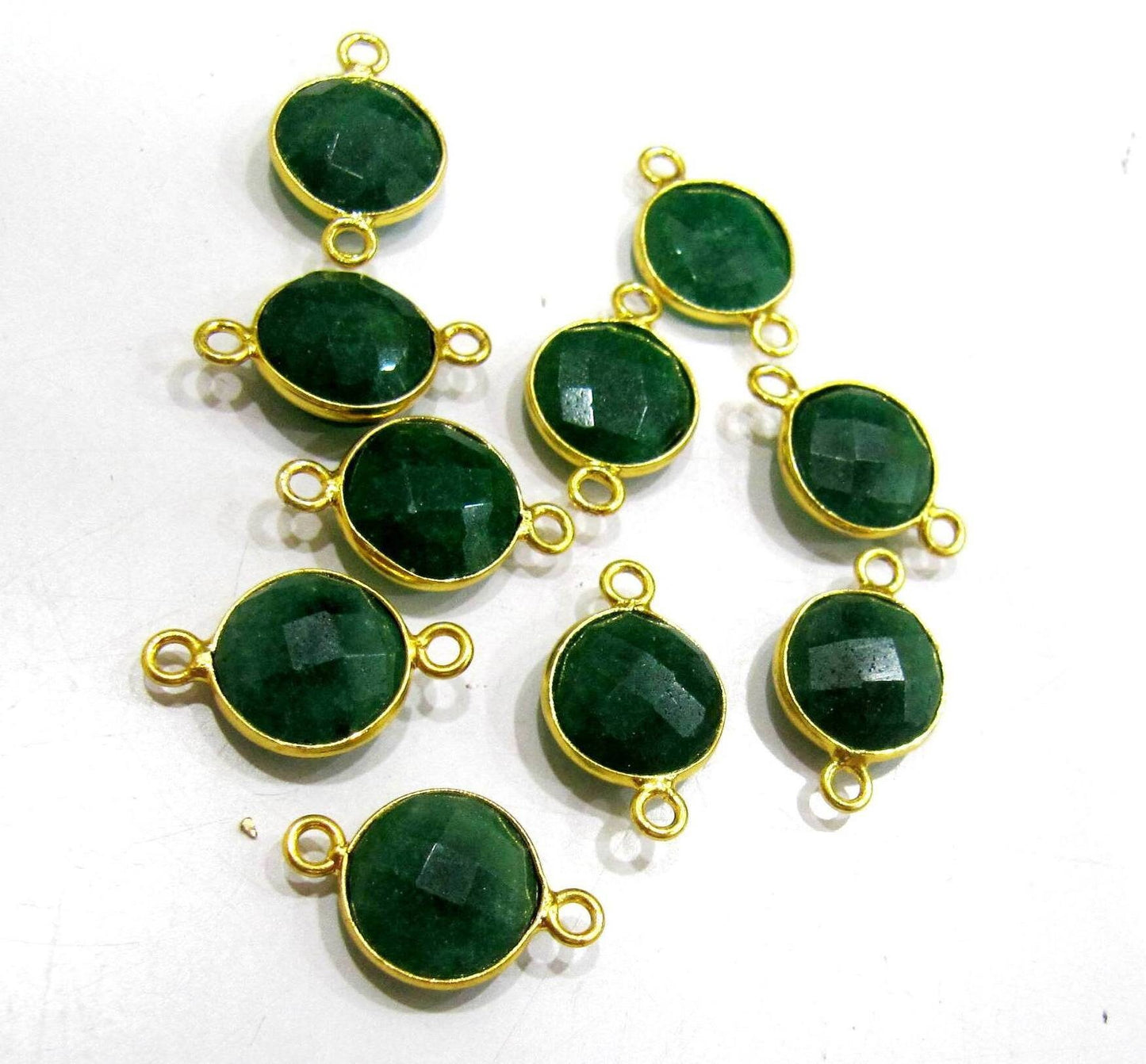 Set of 2 -Dyed Emerald Coin Shape Briolette Connectors , Gold Plated Double Loop Bezel , Emerald Jewelry Making charms Bezel Connectors