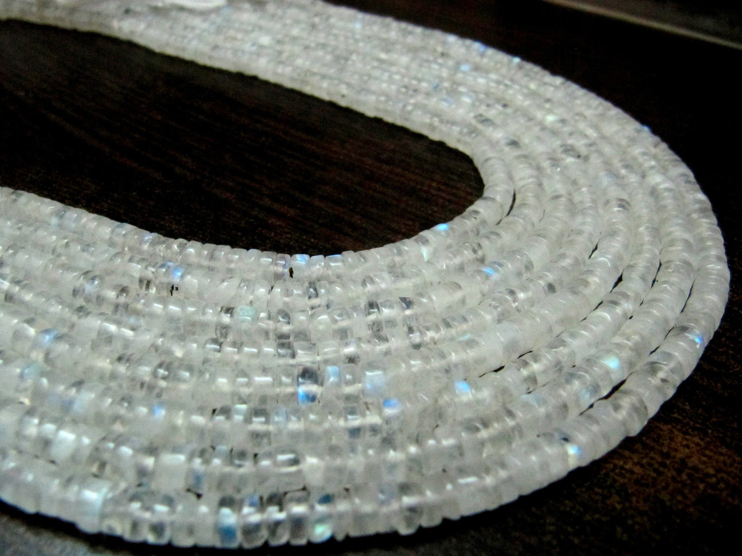 Natural White Rainbow Moonstone Tyre Shape Beads 3 to 5mm Strand 13 inches long High Quality Blue Flashy Beads Wholesale Prices