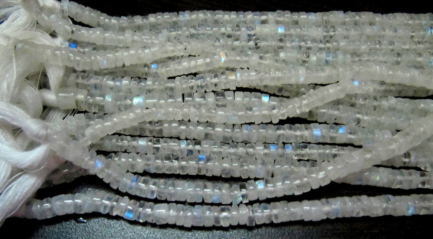 Natural White Rainbow Moonstone Tyre Shape Beads 3 to 5mm Strand 13 inches long High Quality Blue Flashy Beads Wholesale Prices