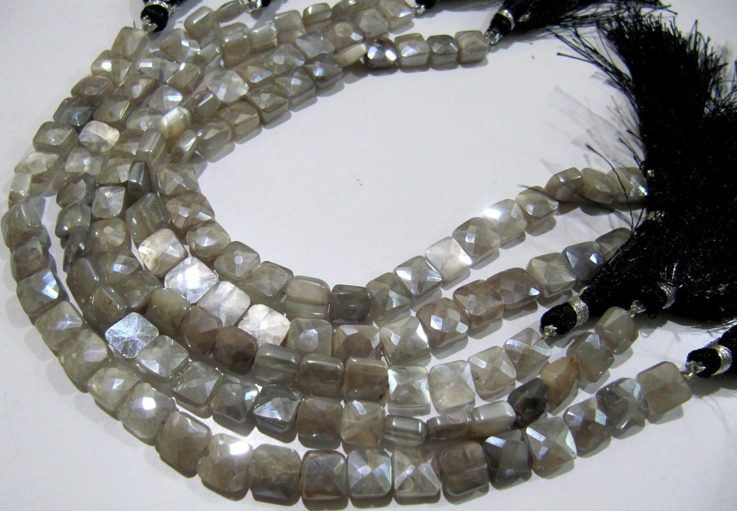 Natural Grey Moonstone Silver Mystic Coated Cushion Shape Faceted Briolette 7-8mm Beads sold per Strand 8inch long High Quality Beads