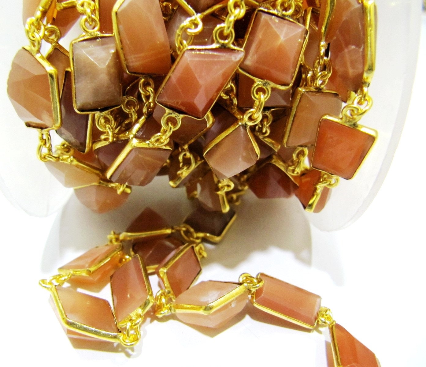 Natural Peach Moonstone Free Shape Laser Cut 10-12 mm Connector Link Chain Sold Per Foot High Quality Bezel Handmade Chain