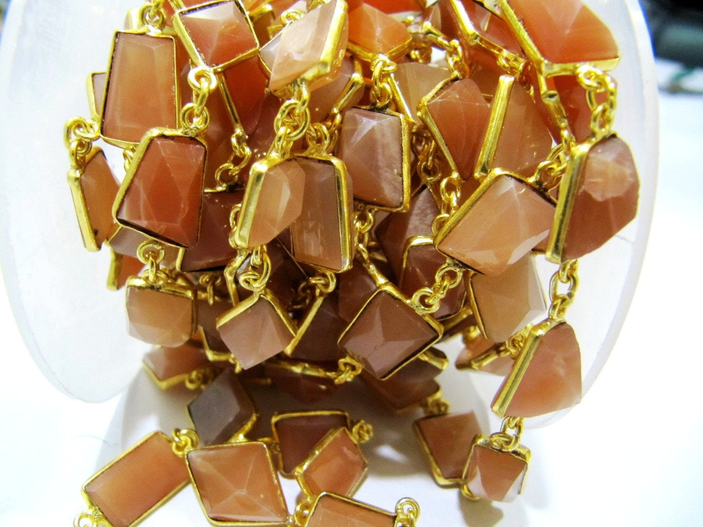 Natural Peach Moonstone Free Shape Laser Cut 10-12 mm Connector Link Chain Sold Per Foot High Quality Bezel Handmade Chain