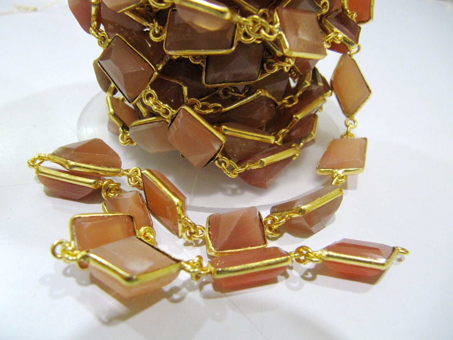 Natural Peach Moonstone Free Shape Laser Cut 10-12 mm Connector Link Chain Sold Per Foot High Quality Bezel Handmade Chain