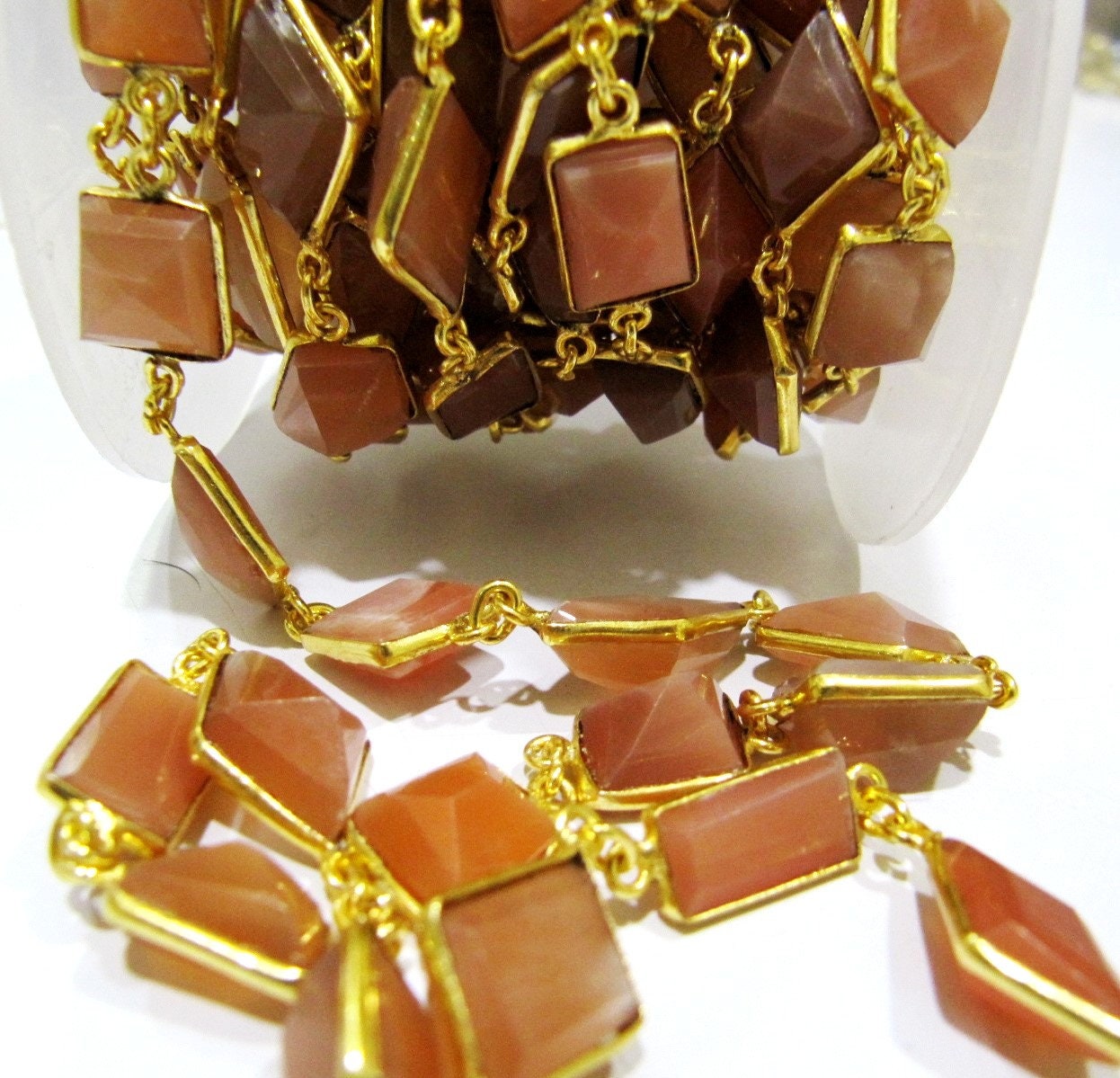 Natural Peach Moonstone Free Shape Laser Cut 10-12 mm Connector Link Chain Sold Per Foot High Quality Bezel Handmade Chain