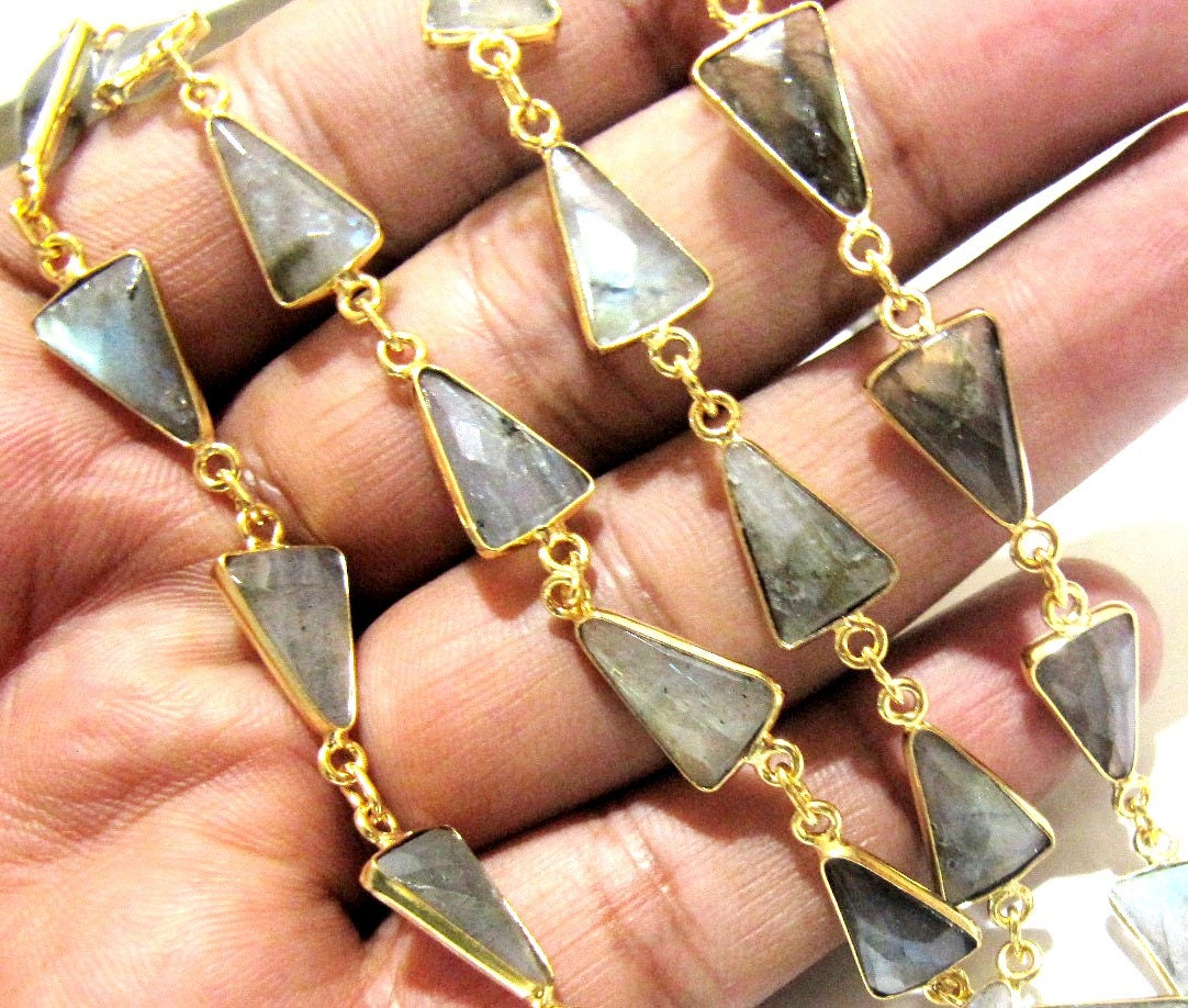 Natural Labradorite Trillion Triangle Shape Briolette Bezel Connector Chain 9x13mm Gold Plated Sold Per Foot Handmade Chain