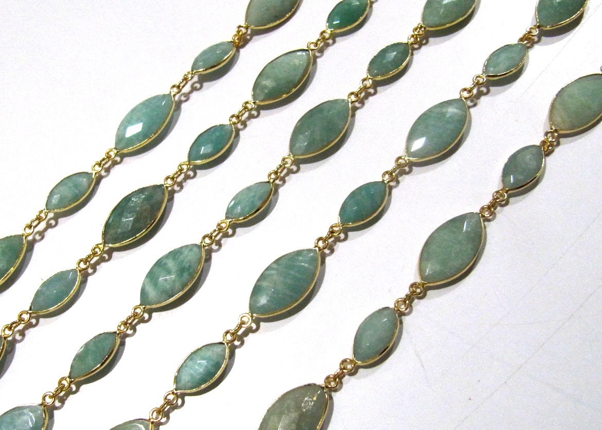 Natural Amazonite Marquise Shape Laser Cut Briolette Connector Chain Gold Plated Sold Per Foot High Quality Wholesale Prices Jewelry chain