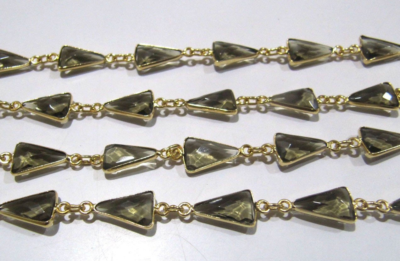 Natural Smoky Quartz Trillion Shape Briolette Faceted Bezel Connector Chain 10x13mm Gold Plated Sold Per Foot High Quality jewelry making