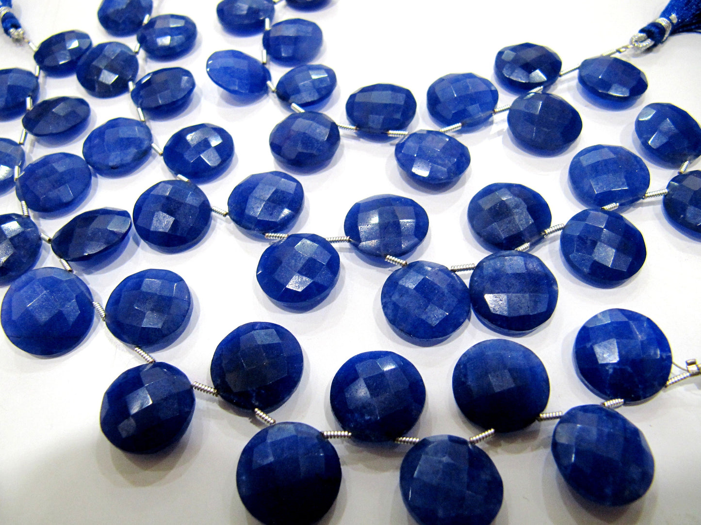 Dyed Blue Sapphire Corundum Round Coin Shape Briolette Faceted Beads 15 mm Sapphire Sold per strand 8 inches long Top Quality