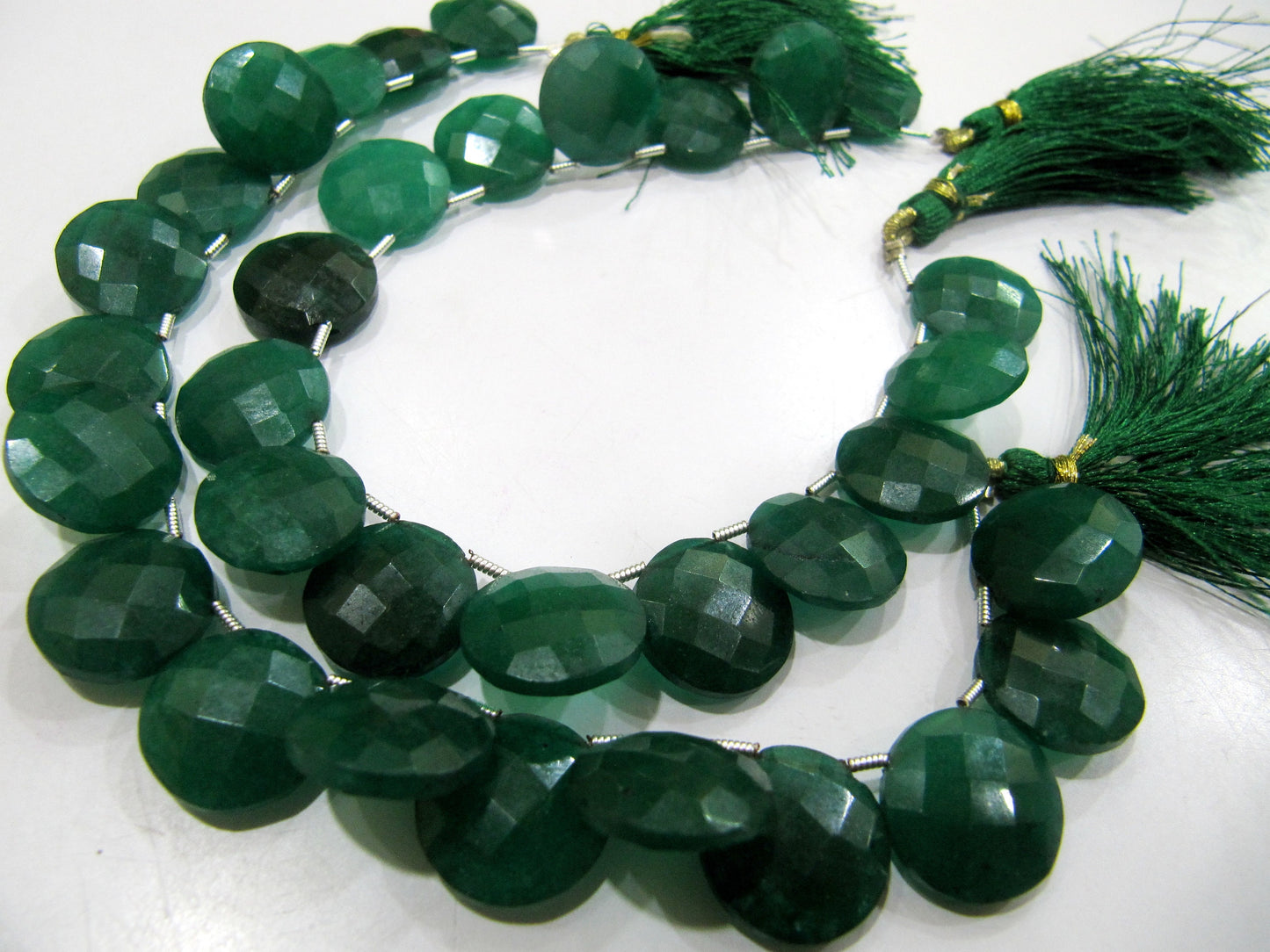 Emerald Corundum Round Coin Shape Briolette Faceted Beads 15 mm Sold per strand 8 inches long Top Quality green gemstone