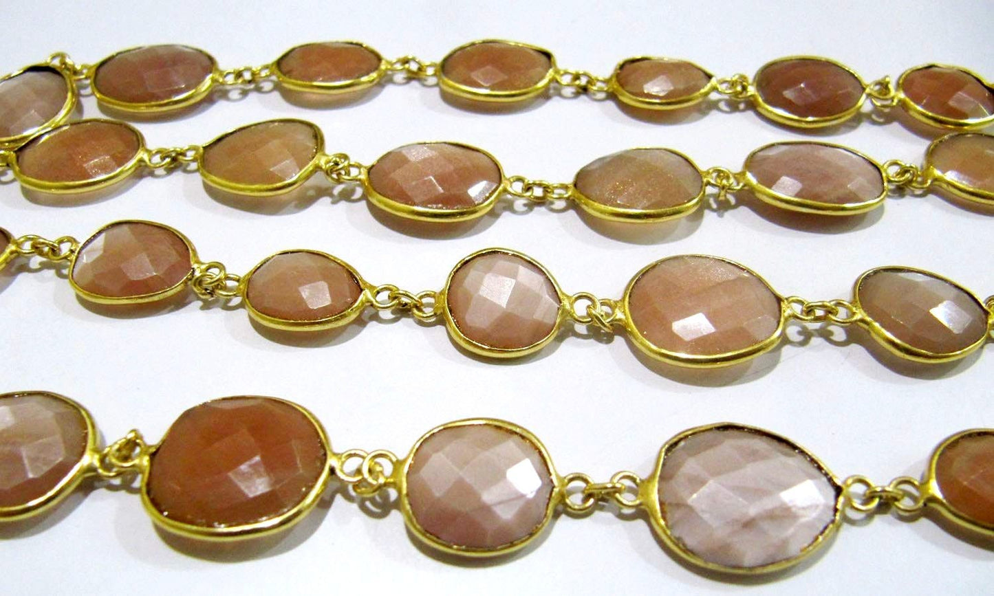 Natural Peach Moonstone Uneven Shape Briolette Connector Chain Size 12x15mm Gold Plated Sold Per Foot High Quality Beads Wholesale prices