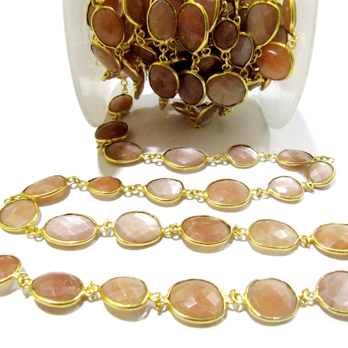 Natural Peach Moonstone Uneven Shape Briolette Connector Chain Size 12x15mm Gold Plated Sold Per Foot High Quality Beads Wholesale prices