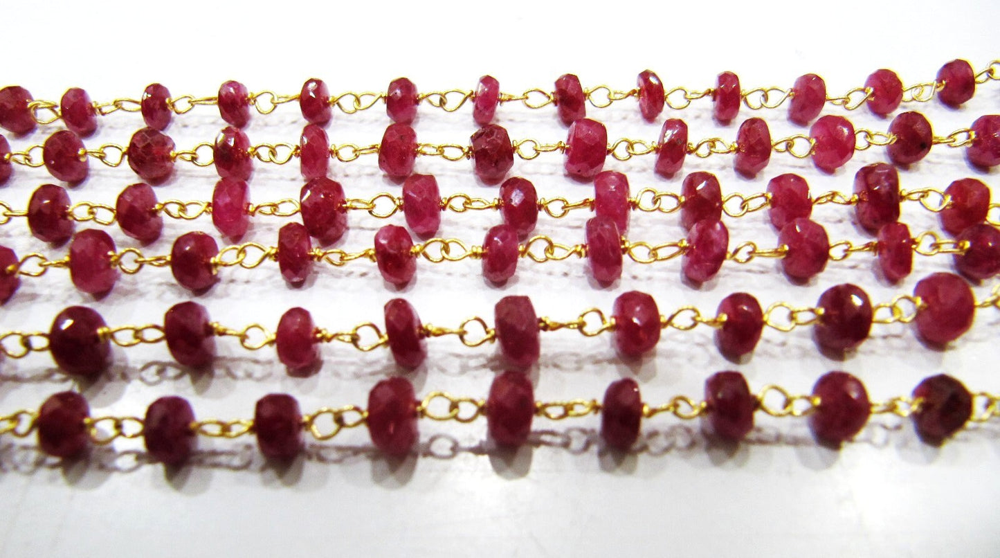 Natural African Ruby Rondelle 3-4mm Faceted Beaded Rosary Handmade Chain Sold Per Foot High Quality Wholesale Prices