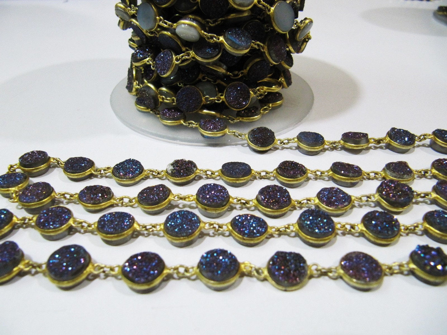 Natural Druzy Round Coin Shape Size 10 mm Titanium AB Coated Bezel Connector Gold Plated Chain Sold Per Foot High Quality Wholesale Prices