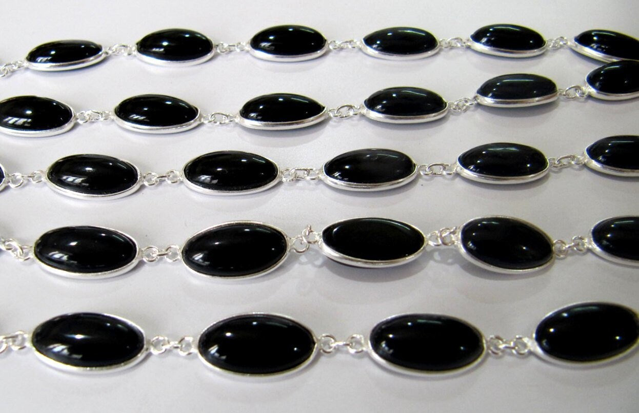 Natural Black Spinel Oval Shape Plain Smooth 8x15mm Bezel Cabochon Connector Chain Sold Per Foot High Quality Wholesale Prices Jewelry chain
