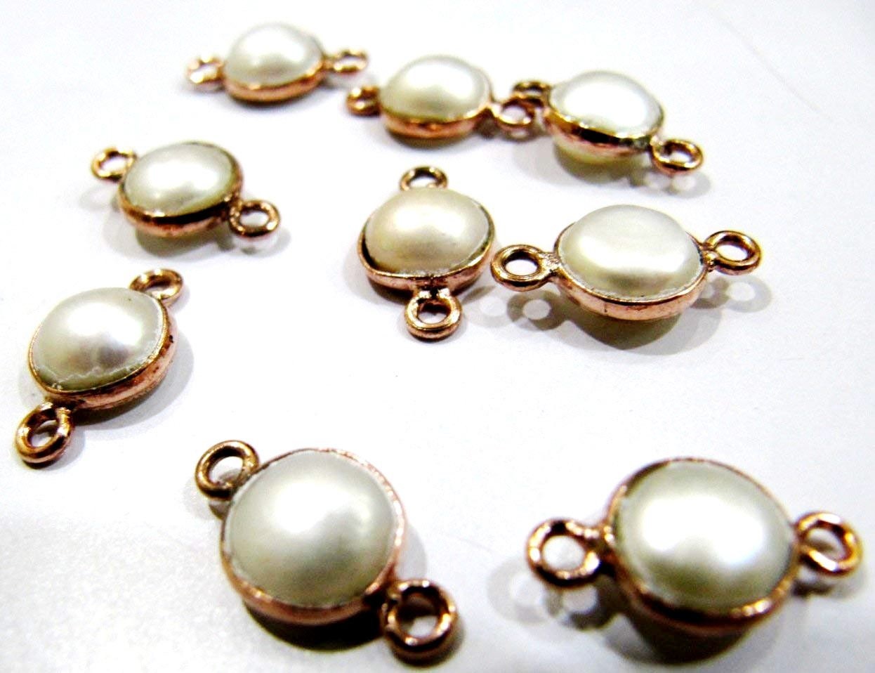 5 Pcs Set- Natural Pearl Coin Shape 8 mm Connectors , Rose Gold Plated Double Loop Bezel ,Pearl Jewelry Round Shape Cabochon