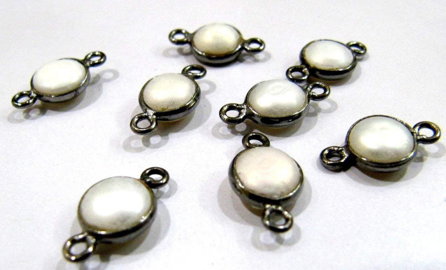 5 Pcs Set- Natural Pearl Coin Shape 8 mm Connectors , Black Plated Double Loop Bezel ,Pearl Jewelry Round Shape Cabochon