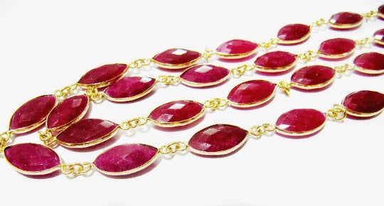 Ruby Marquise Shape Briolette Faceted Bezel Connector Chain 9x15mm Gold Plated Sold Per Foot High Quality Wholesale Prices