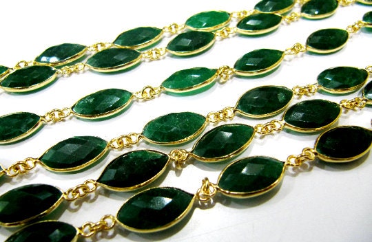 Emerald Marquise Shape Briolette Faceted Bezel Connector Chain 9x15mm Gold Plated Sold Per Foot Wholesale Prices Chain