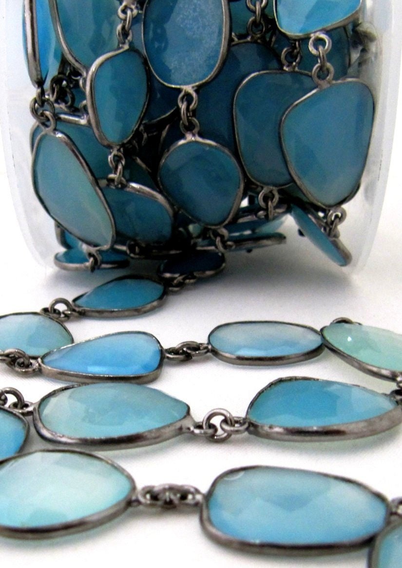 Natural Aqua Blue Chalcedony Free Shape Briolette Faceted Bezel Connector Chain 15to20mm Plated Sold Per Foot High Quality Wholesale price