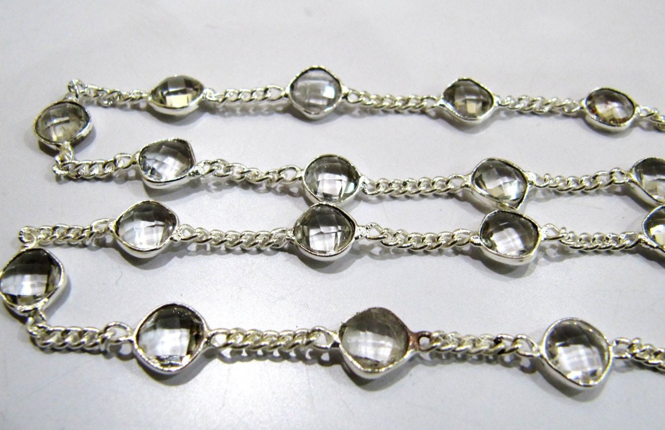 Natural Rock Crystal Quartz Cushion Shape 10mm Briolette Faceted Bezel Connector Chain Sold Per Foot High Quality Wholesale Prices