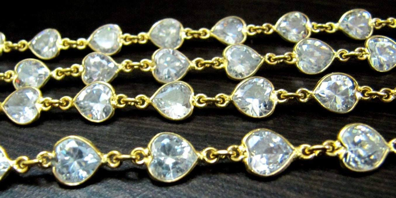 Natural Cubic Zirconia Heart Shape 8mm bezel Connector Chain Sold Per Foot Top Quality Wholesale Price Jewelry making chain Handmade chain
