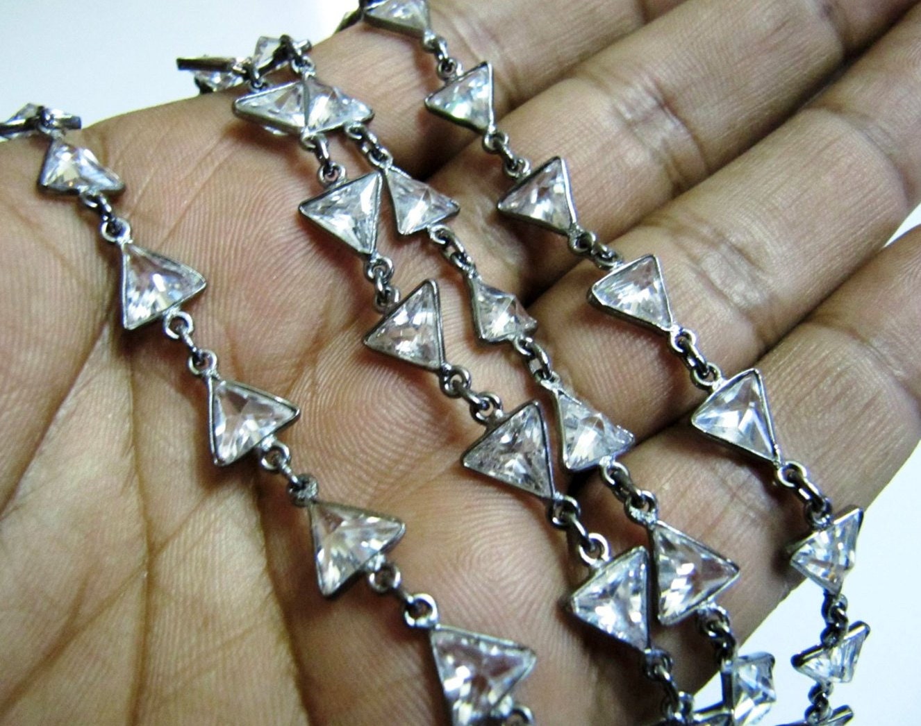 AAA Cubic Zirconia Briolette Triangle Shape 8mm Bezel Connector Chain Top Quality Wholesale Price CZ Jewelry making chain sold per foot