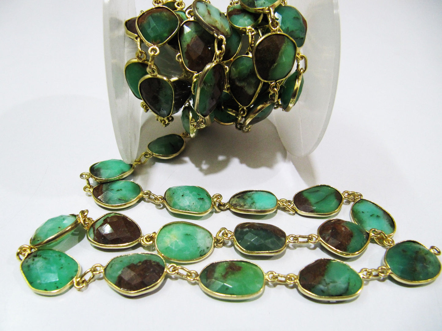 Natural Chrysoprase Free shape 15 to 20mm Briolette Bezel Connector Chain Sold Per Foot High Quality Handmade Chain