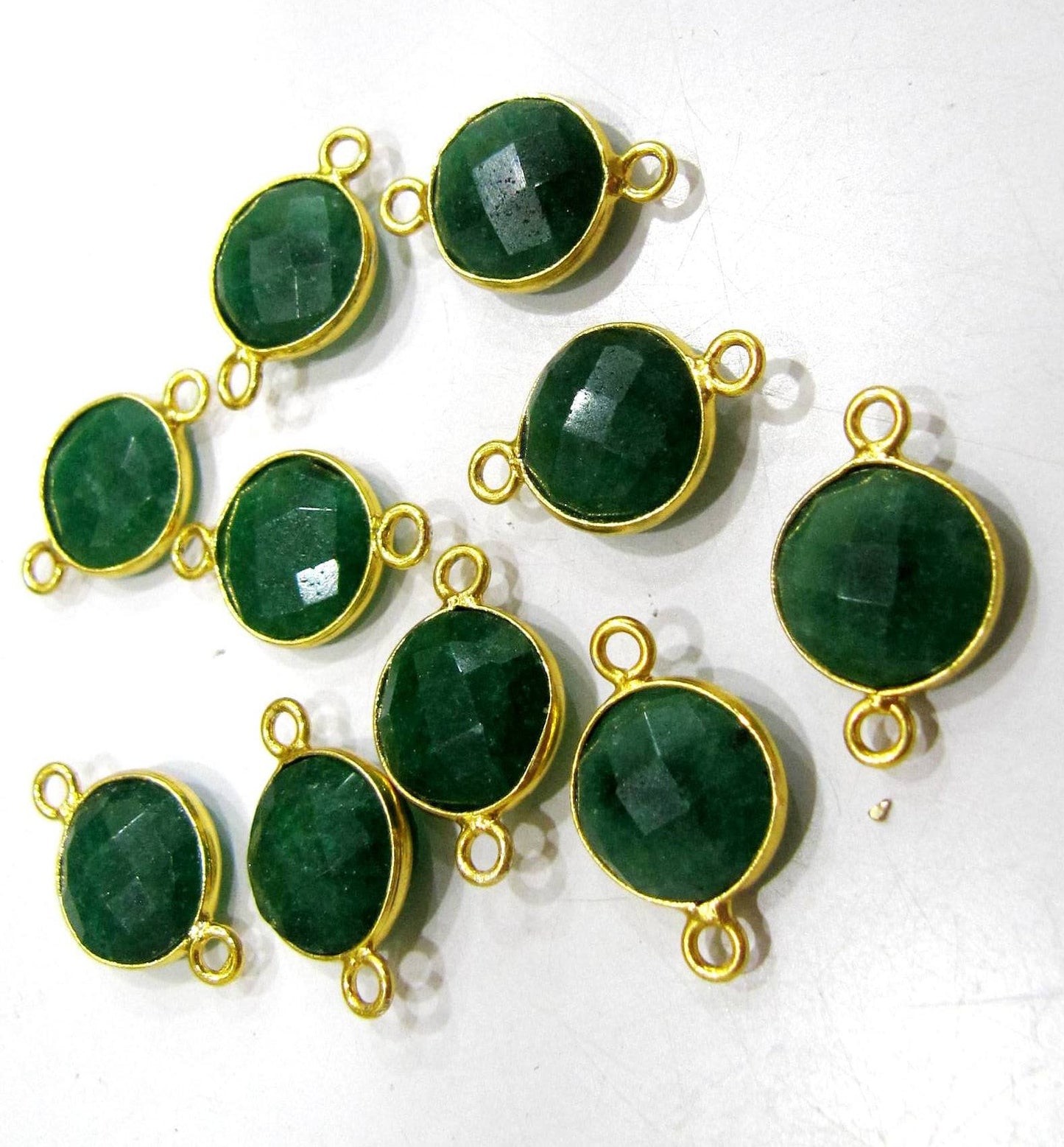 Set of 2 -Dyed Emerald Coin Shape Briolette Connectors , Gold Plated Double Loop Bezel , Emerald Jewelry Making charms Bezel Connectors