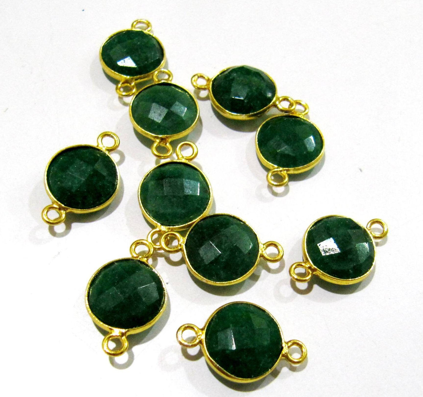 Set of 2 -Dyed Emerald Coin Shape Briolette Connectors , Gold Plated Double Loop Bezel , Emerald Jewelry Making charms Bezel Connectors