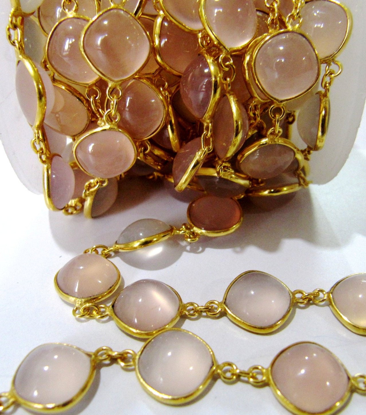 Natural Pink Chalcedony Square Shape Plain Smooth Bezel Connector Chain 11mm Cabochons chain Sold Per Foot High Quality Wholesale prices