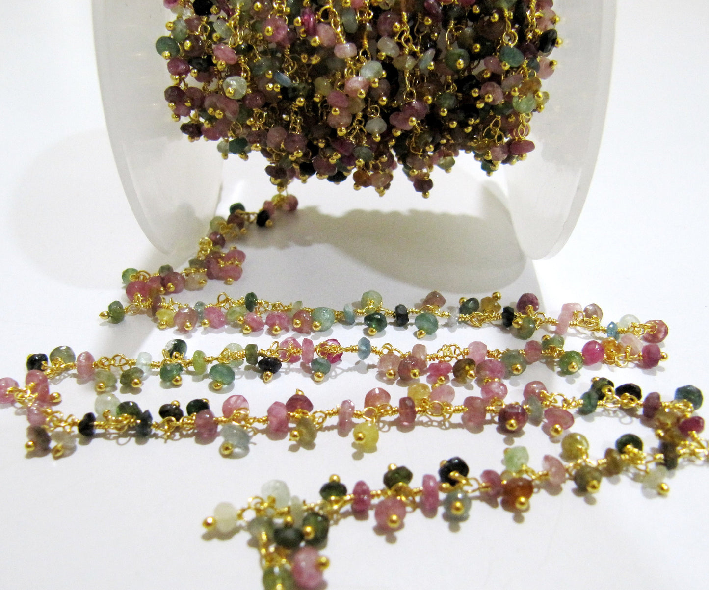 Natural Multi Tourmaline Faceted Cluster Rosery 3-4mm Wire Wrap Dangling Jewelry making Cluster Chain sold Per foot